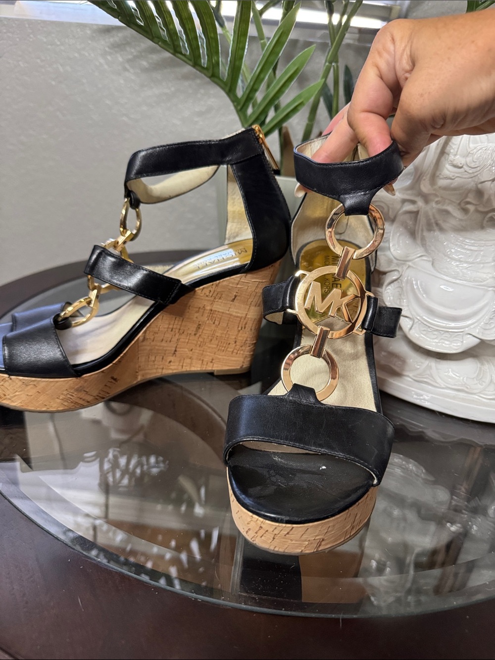 Michael Kors Black Leather Wedge Sandals with Gold MK Accents